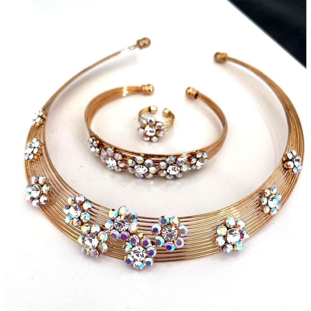 Vintage 1980s Aurora Borealis Rhinestone Floral Jewelry Set Gold Tone - 8V